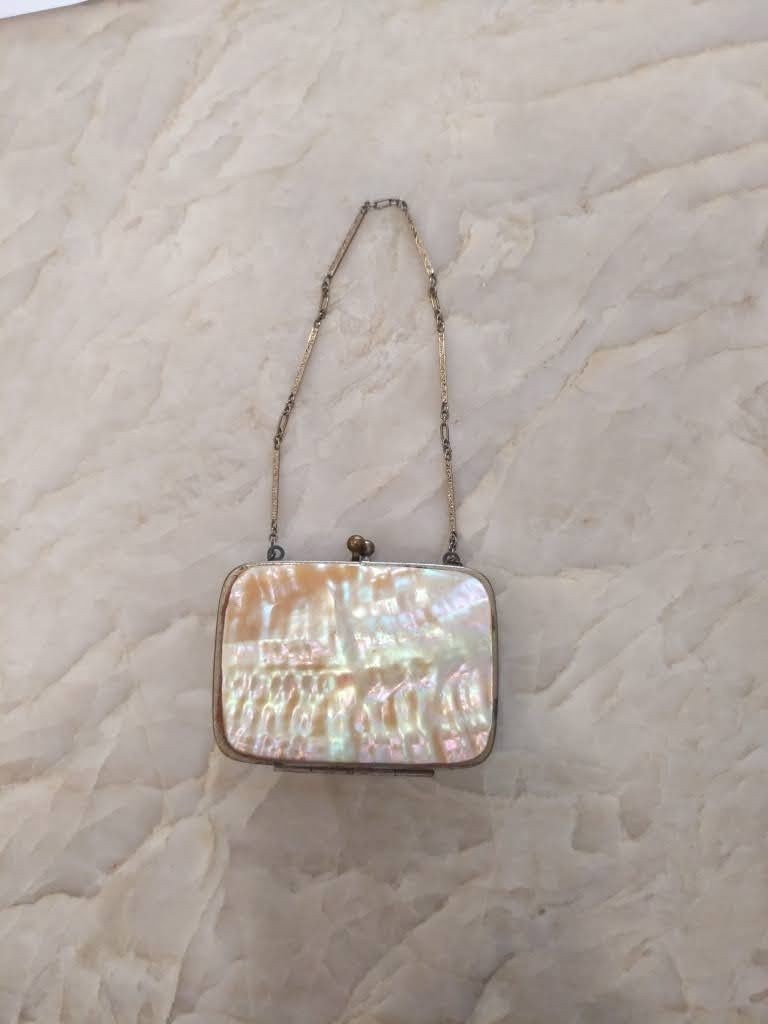 Victorian Coin Purse Wallet Mother of Pearl Abalone Shell MOP Filigreed Chain