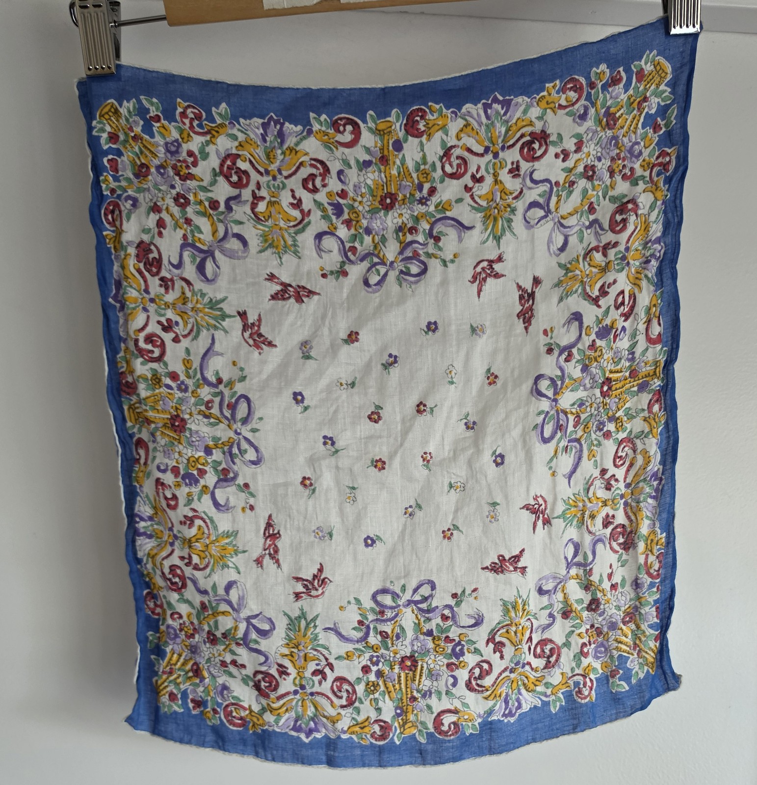 Vintage Handkerchief White Blue Yellow Red Purple Classic Hanky Flower Bird Bow