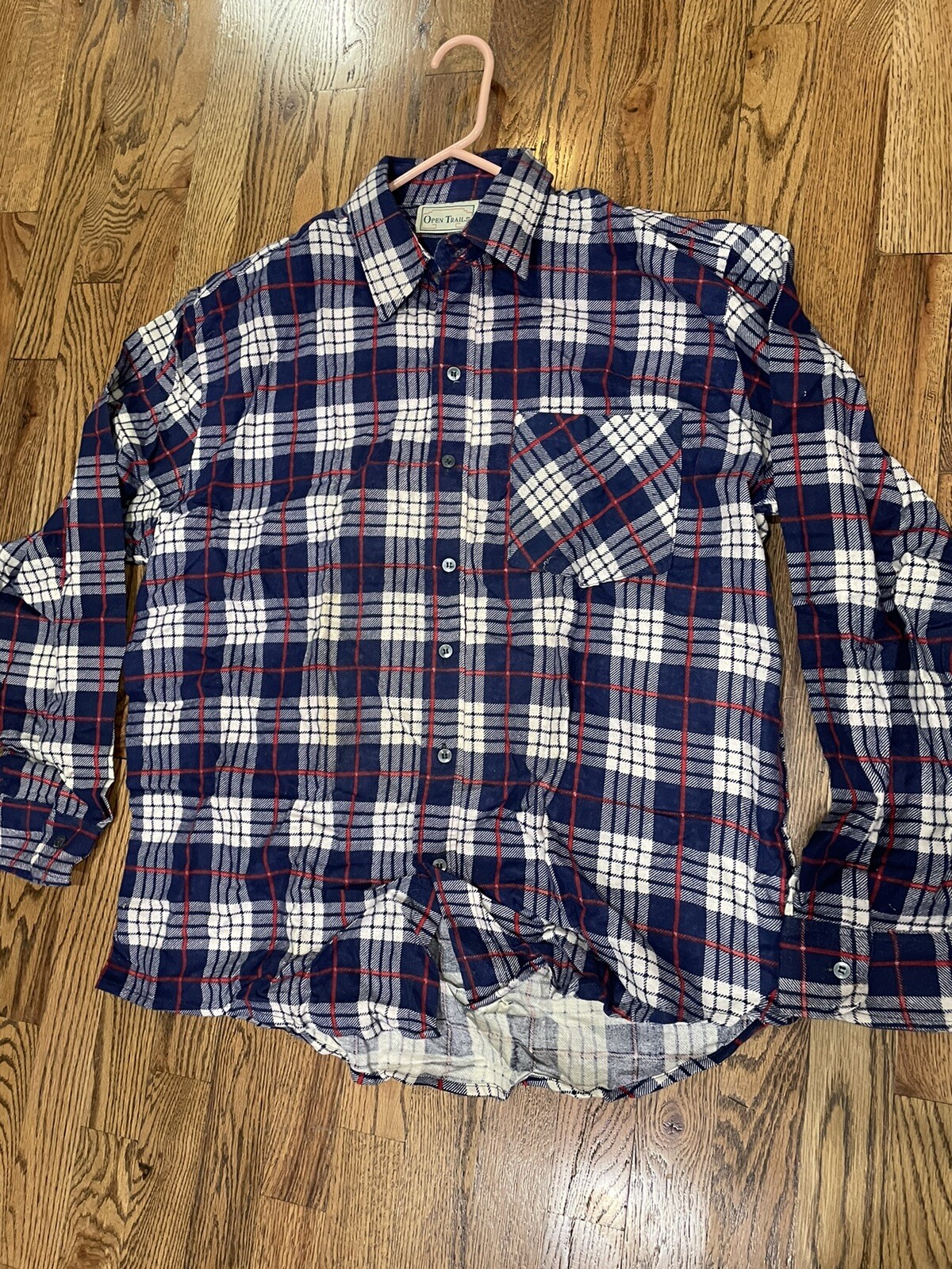 VTG Open Trails Mens Flannel Shirt 90s Button Up Plaid Blue White Size XL+