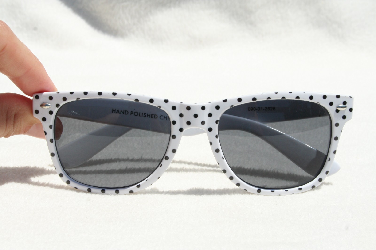 POLKA DOT SUNGLASSES WHITE BLACK CLASSIC SHADES GRAY LENSES EUC HAND POLISHED