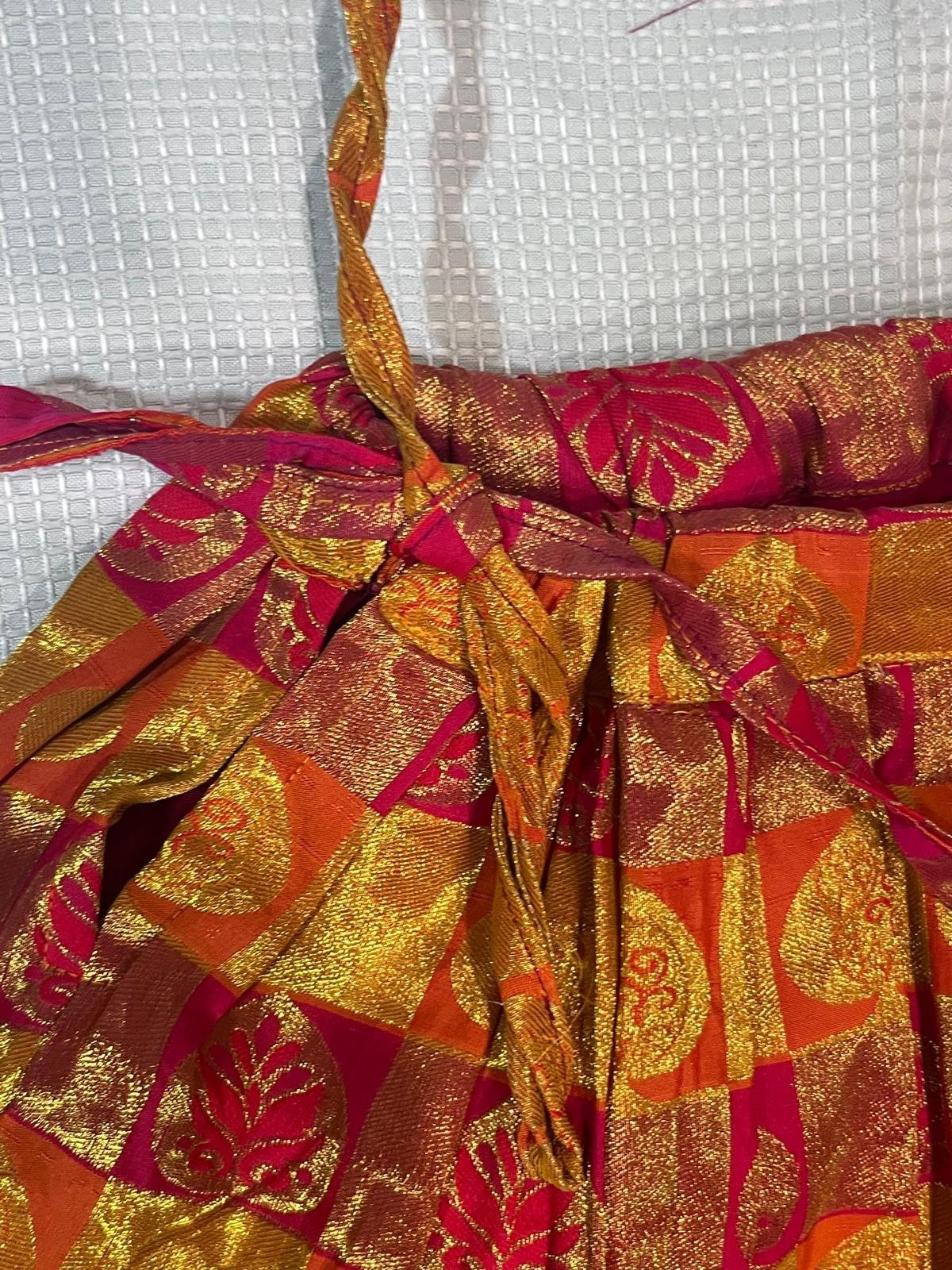 Vintage Metallic Gold Pink Brocade Maxi Skirt Ethnic Shiny Festive Drawstring