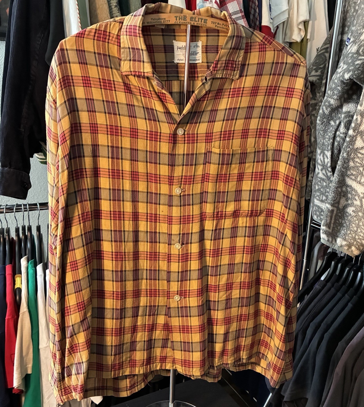 Vintage 50s 60s Yellow Plaid Paddle & Saddle Rockabilly Rayon Flannel Shirt L