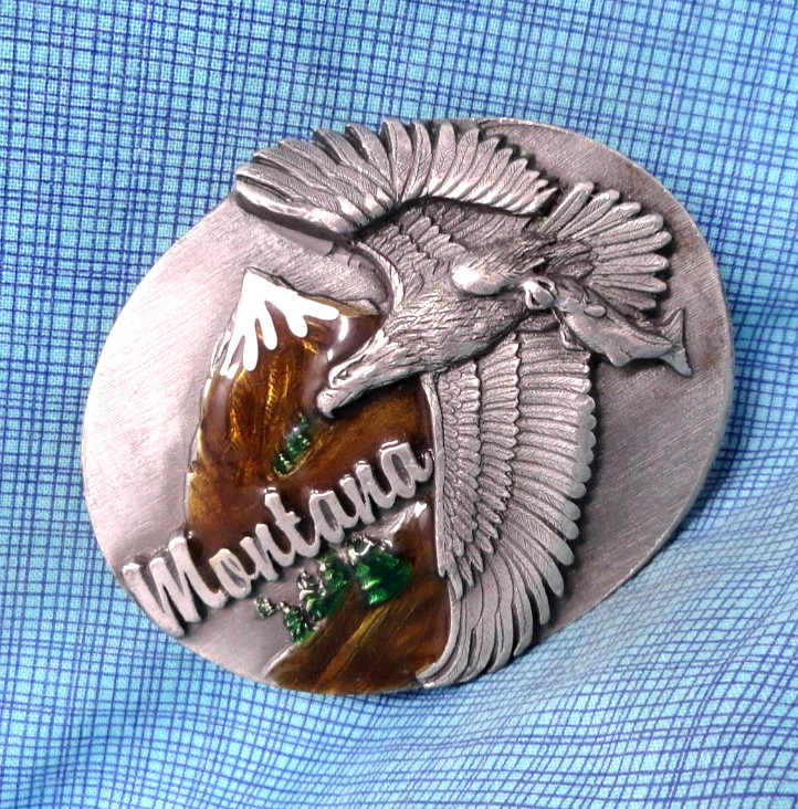 Montana Mountains Fishing Eagle Belt Buckle Sportsman Outdoorsman Vtg 90s.GMP987