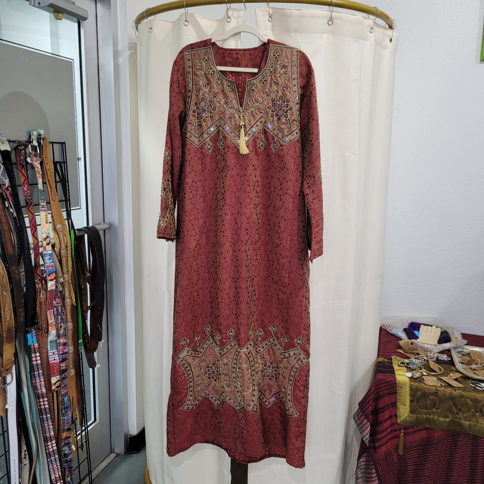 Vtg Jacquard Dobby Circle Silk Kaftan Dress metallic floral geometric embroidery