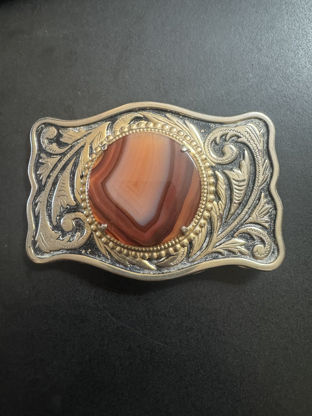 Polished Brown Agate Cabochon Cab Centerpiece Silver Tone Western Belt Buckle