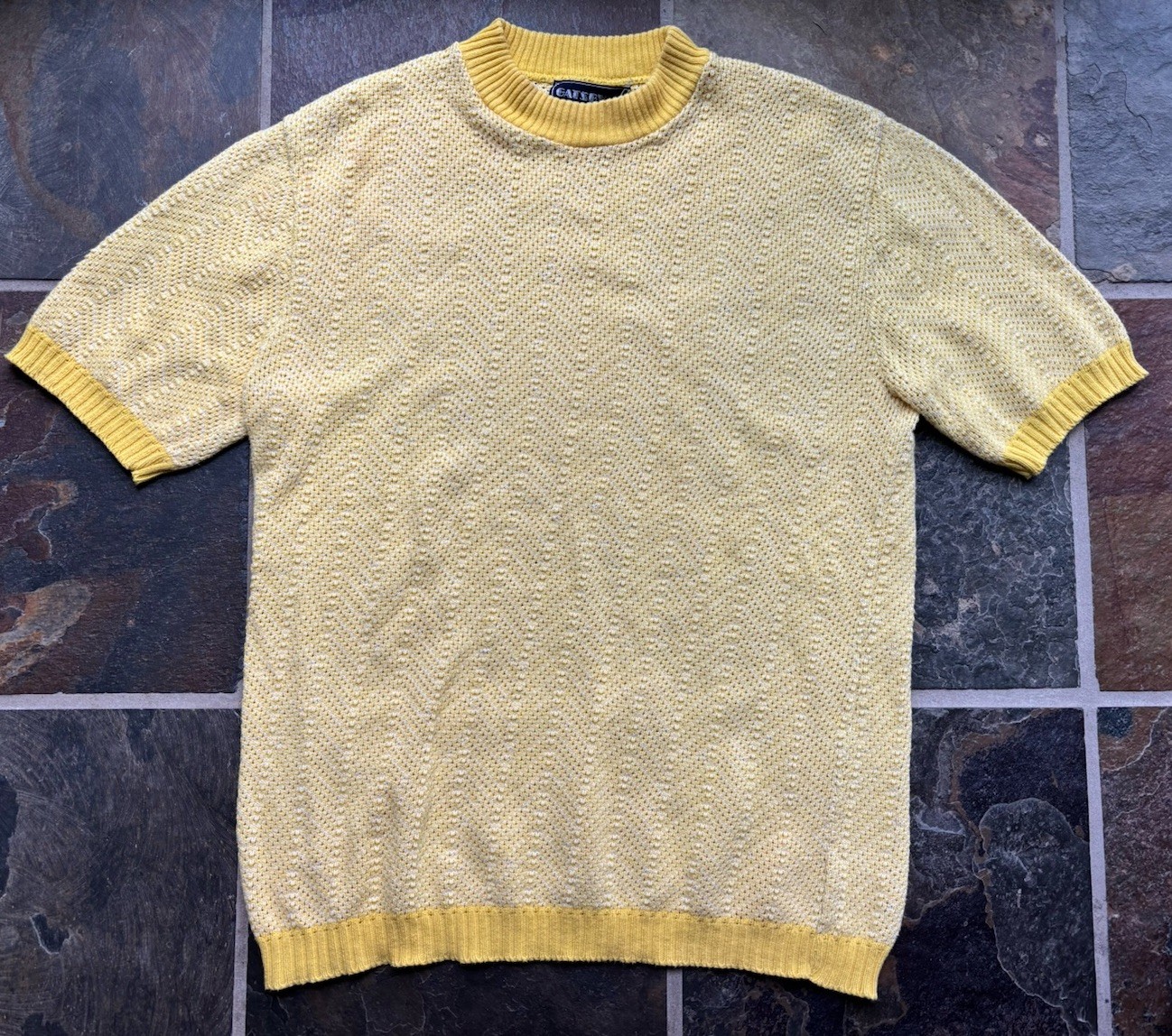 VTG 70s Robert Bruce Sweater TEE.lemon Yellow Ringer.M/L
