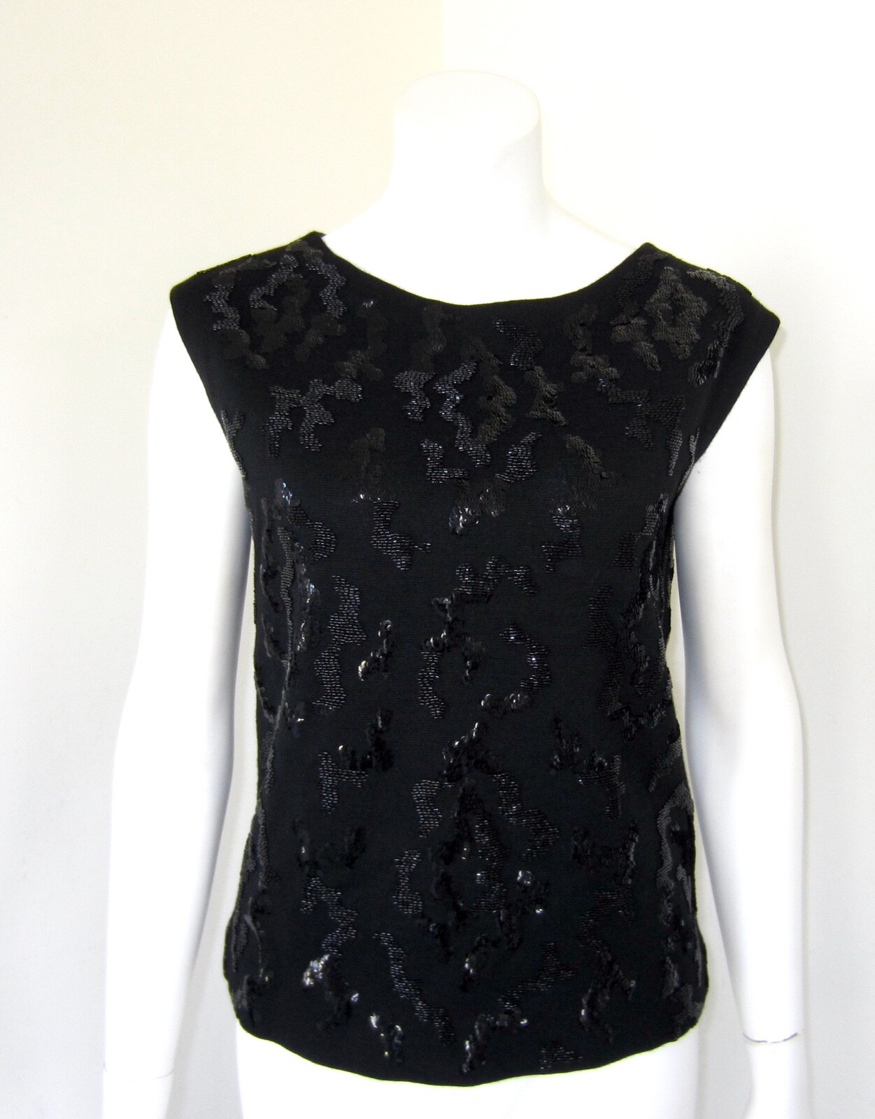 Vintage 60’s I. Magnin Black Wool Beaded Sequin Sweater Top Size M