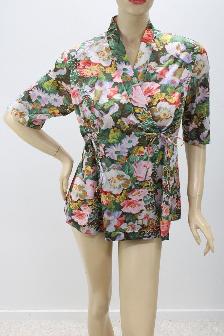 Vtg Vanity Fair Mini Short Wrap Robe Soft Nylon Floral sz 38 M USA Bed Jacket
