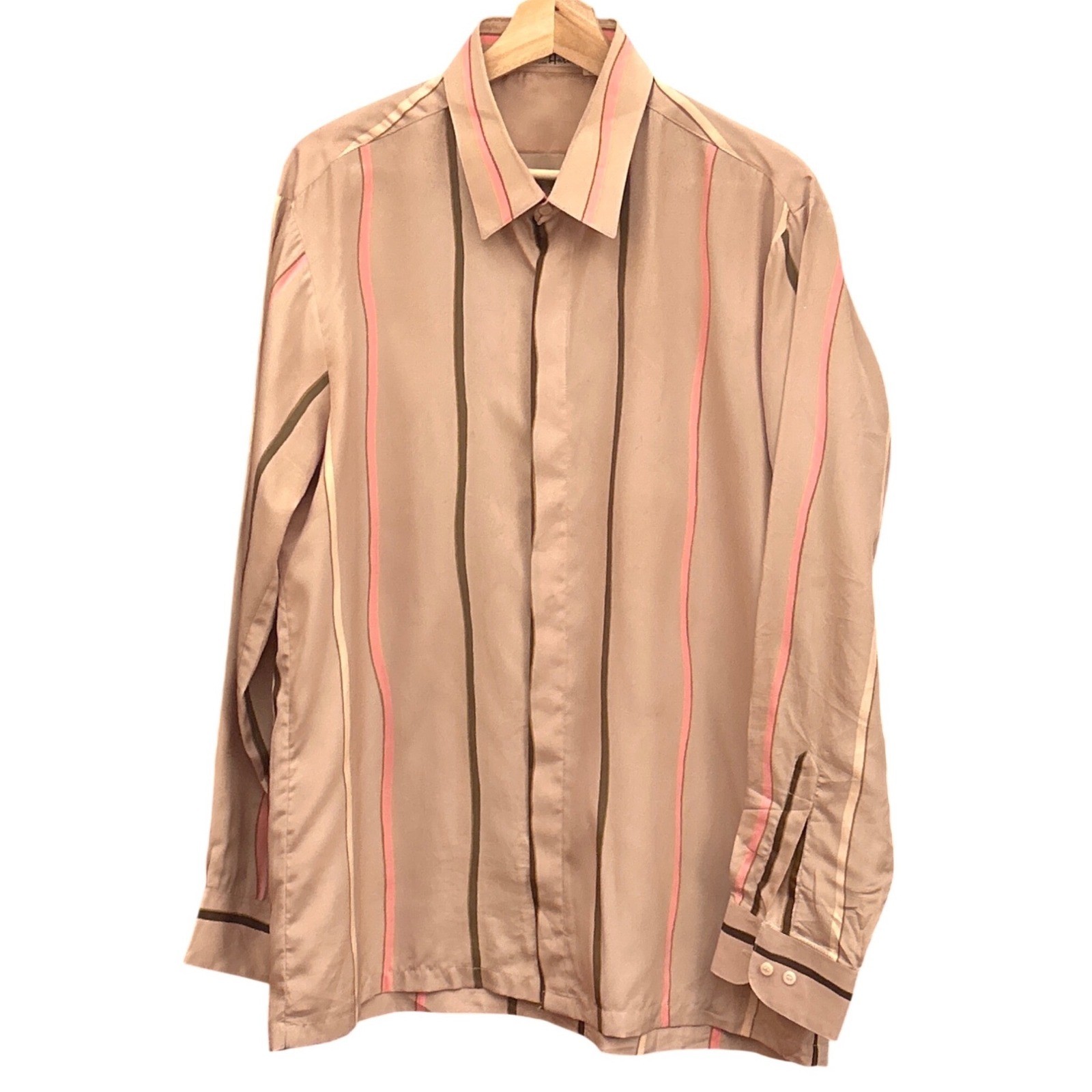 Vintage Eddy Harth Button Up Shirt Tan Pink Olive Stripe Retro Disco 70s Style