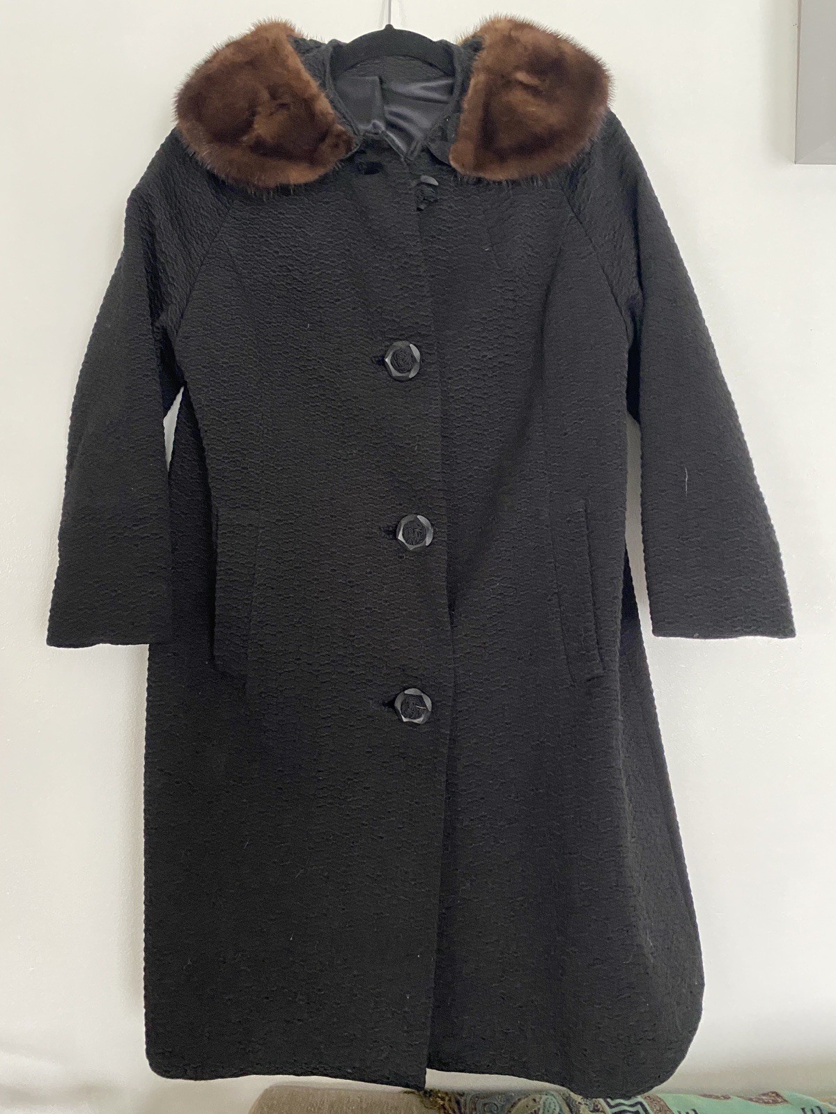VTG RARE FORSTMANN Mink Fur Collar Black Wool Coat Woman M-L UNION Made USA