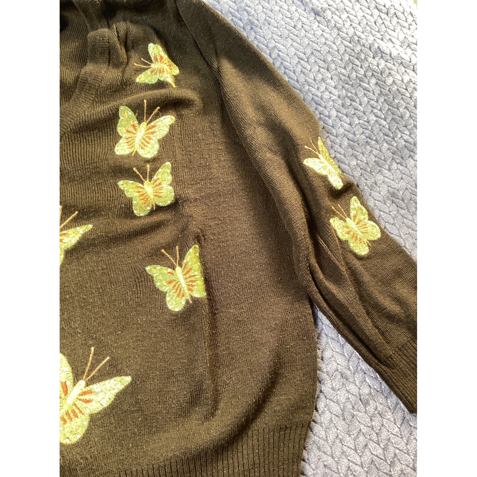 Vintage Shirlee Designs Butterfly V-Neck Sweater Brown Acrylic Size 42 Fall