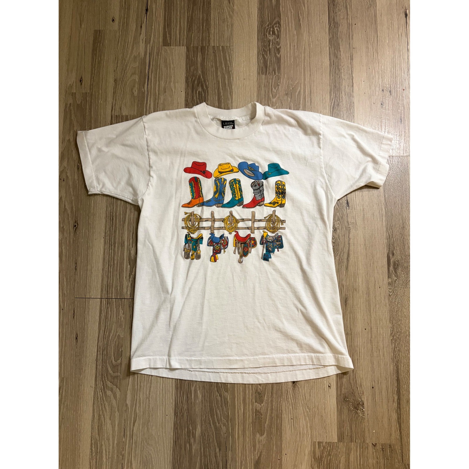 Vintage 80s 90s Western Graphic T-Shirt Single Stitch L Cowboy Boots Rodeo Horse
