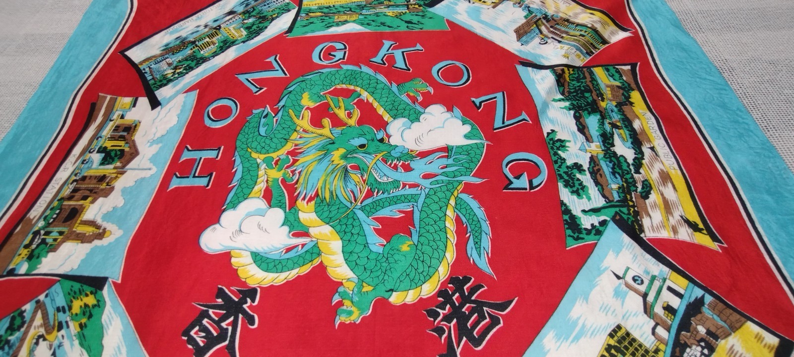 40s 50s Dragon Scarf HONG KONG Bably Blue Chinese Red Landscapes LARGE SIZE