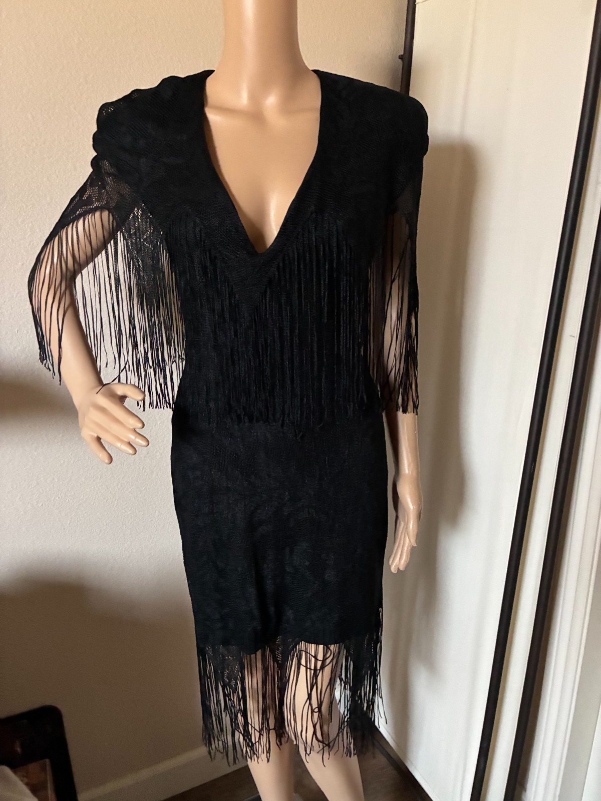 Vtg 80’s Climax David Howard Karen Okada black lace overlay fringe dress
