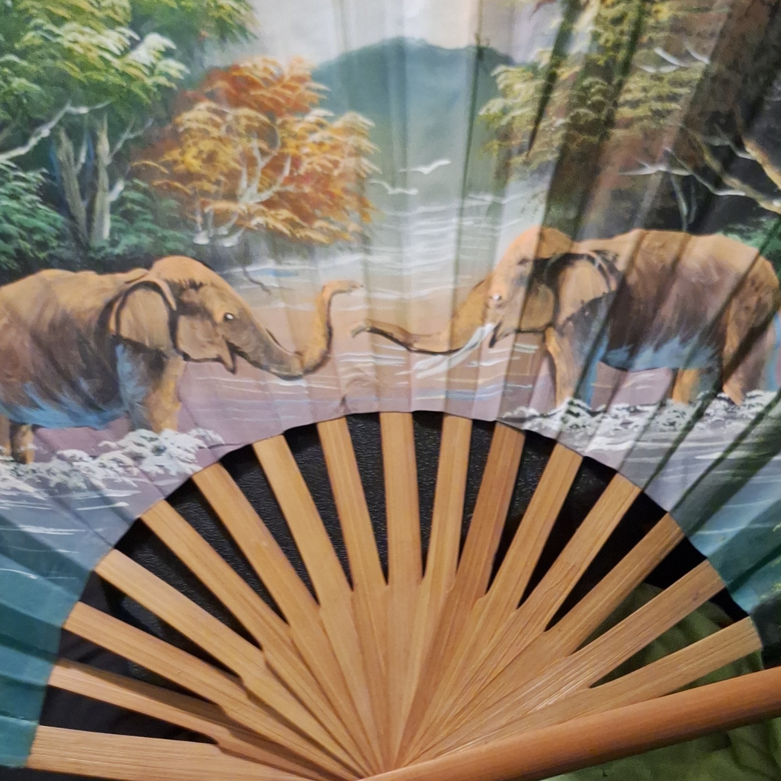 Vintage Folding Hand Fan Bamboo Ribs Paper Leaf Elephant Scene, Asian Look