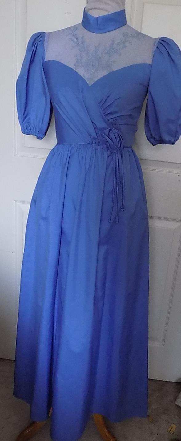 Vintage 70s 80s Long Blue Nylon Party Dress Lace Bodice Puffy Sleeves B34