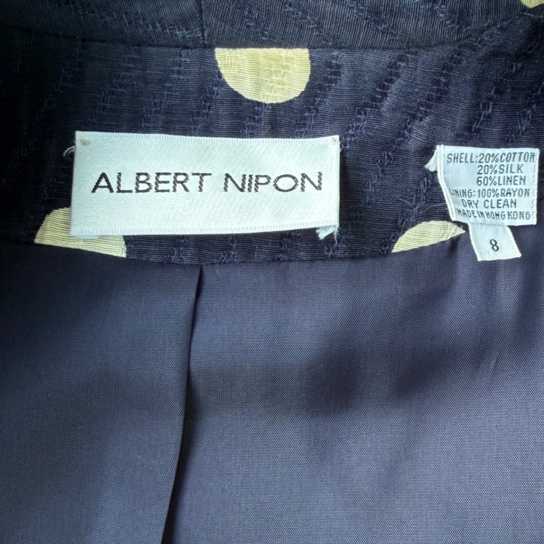 VTG Albert Nipon Navy Polka Dot Skirt Suit Set Size 8 Silk Linen Jacket & Dress