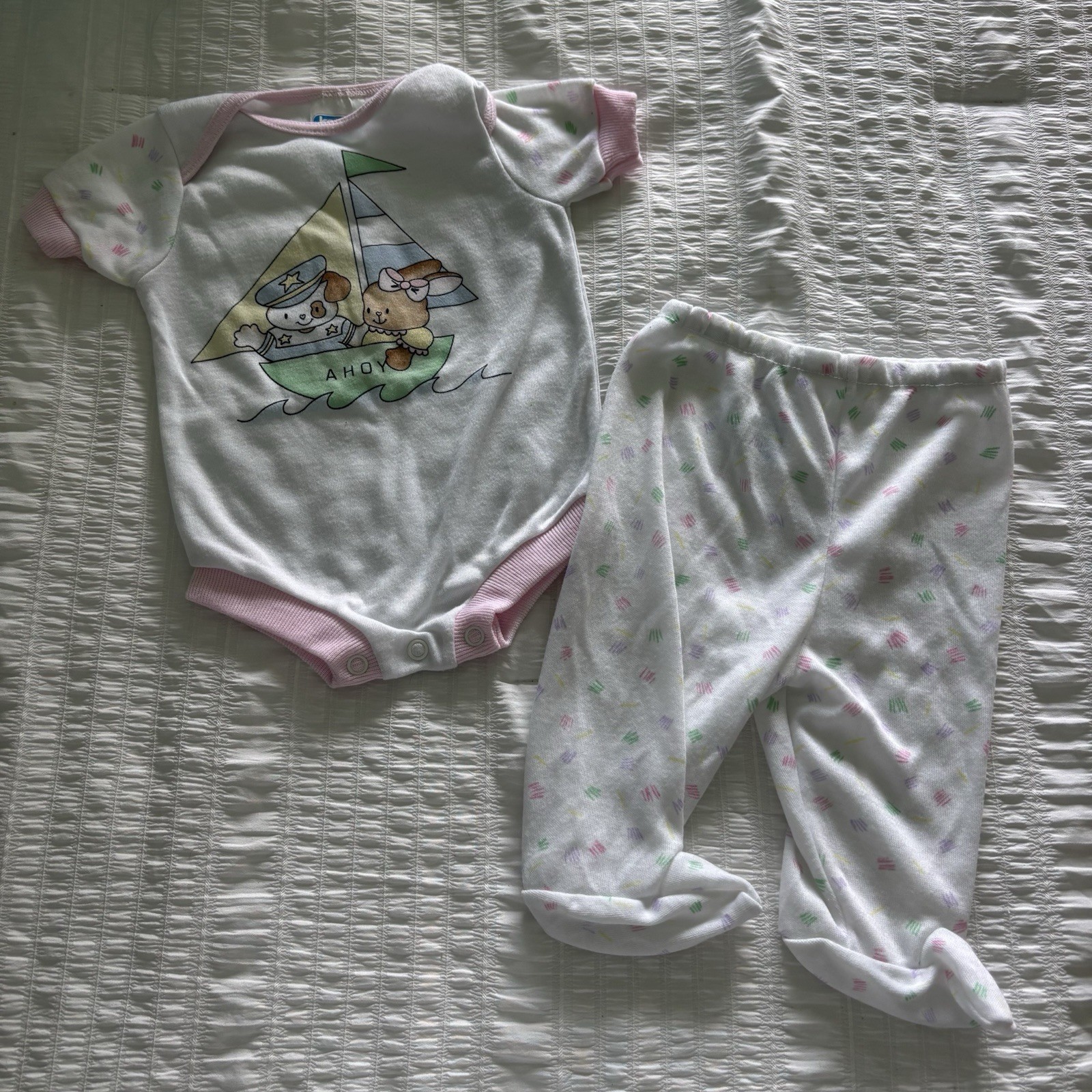 Vintage Kessler Baby 2 Pc Sailboat Puppy Bunny Outfit 3 Months Pastel 80s 90s