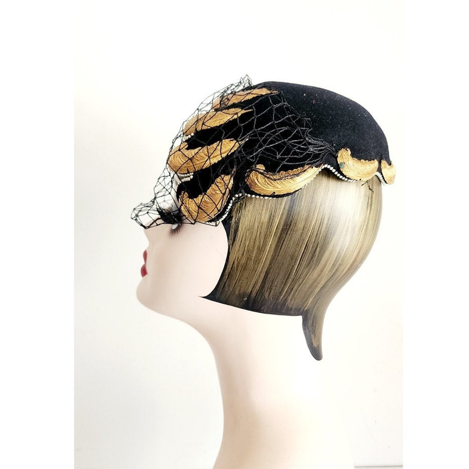 Vintage 1950s Bes-Ben Hat Black Wool Gold Feather Veil Chicago Millinery OOAK