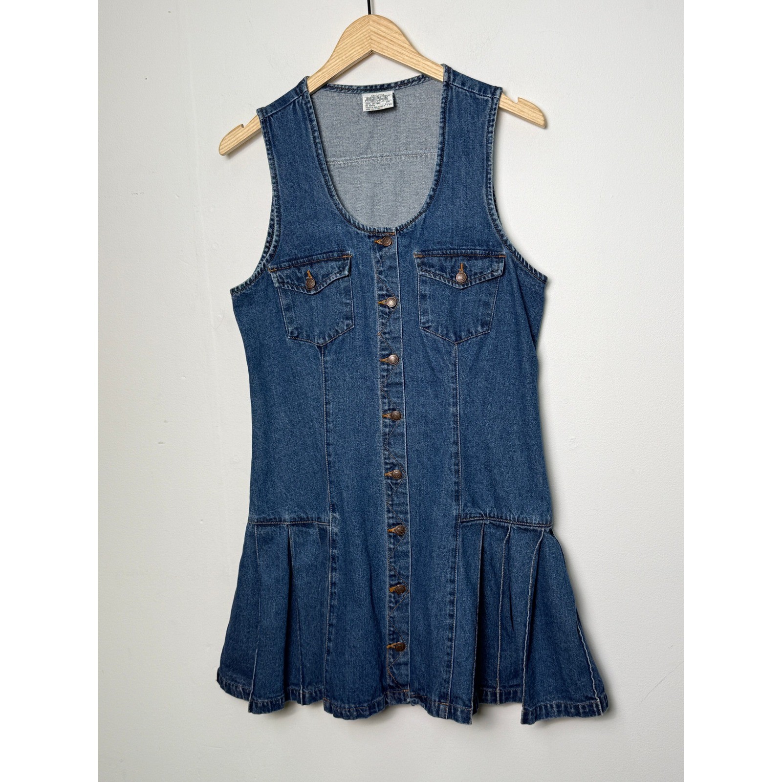 Vintage Jordache Denim Dress Womens Medium Wash Pleated Drop Waist Button Front