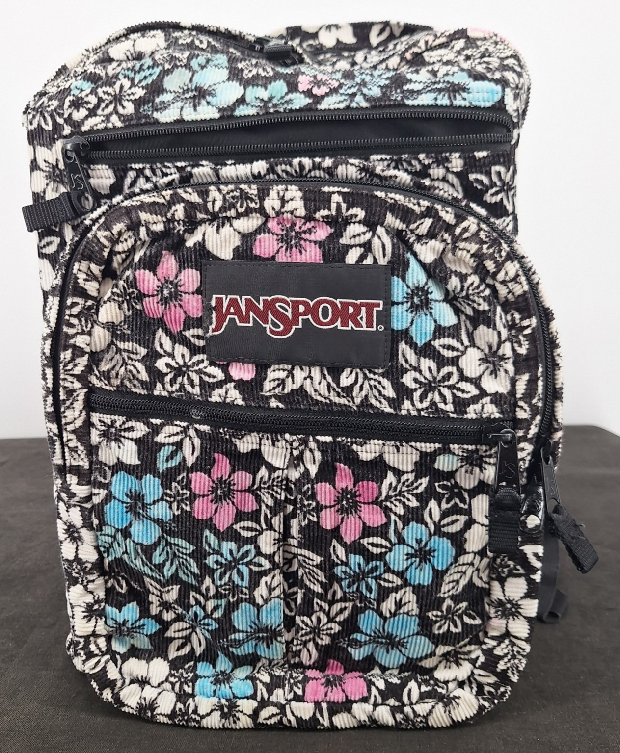Jansport Backpack VTG 80 Black Ivory Soft Corduroy Hawaiian Floral