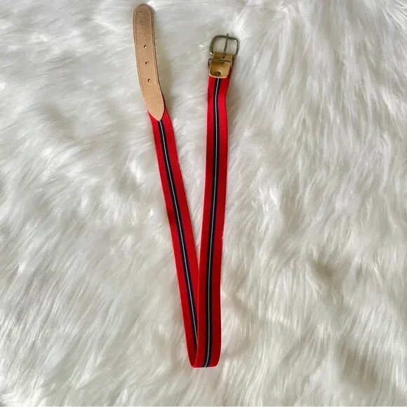 Vintage Stretch Belt Elastic Fabric & Leather Striped Red / Navy Blue Size 12