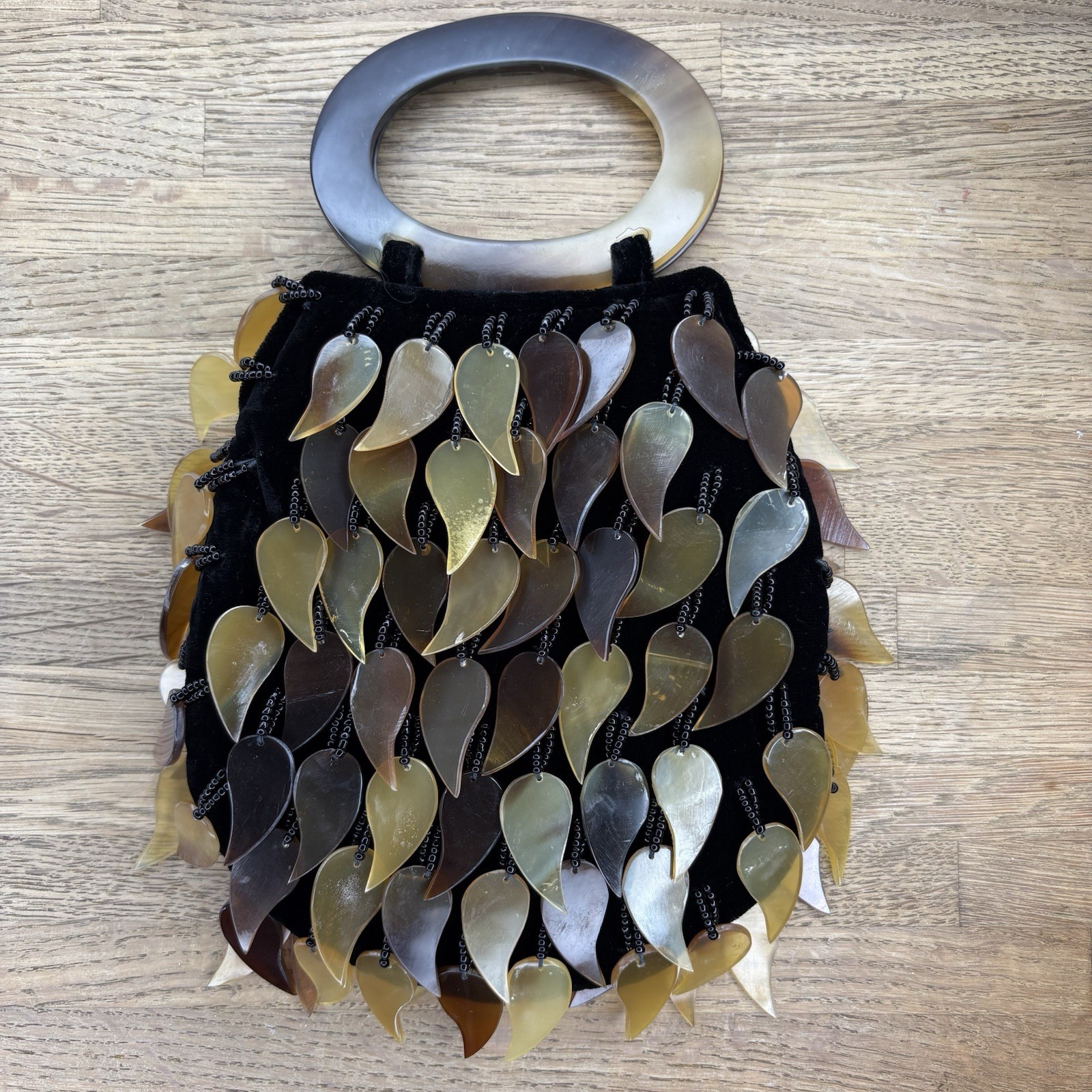 Shiraleah Black Velvet Beaded Leaf Amber Brown Tortoise Lucite Evening Bag VTG