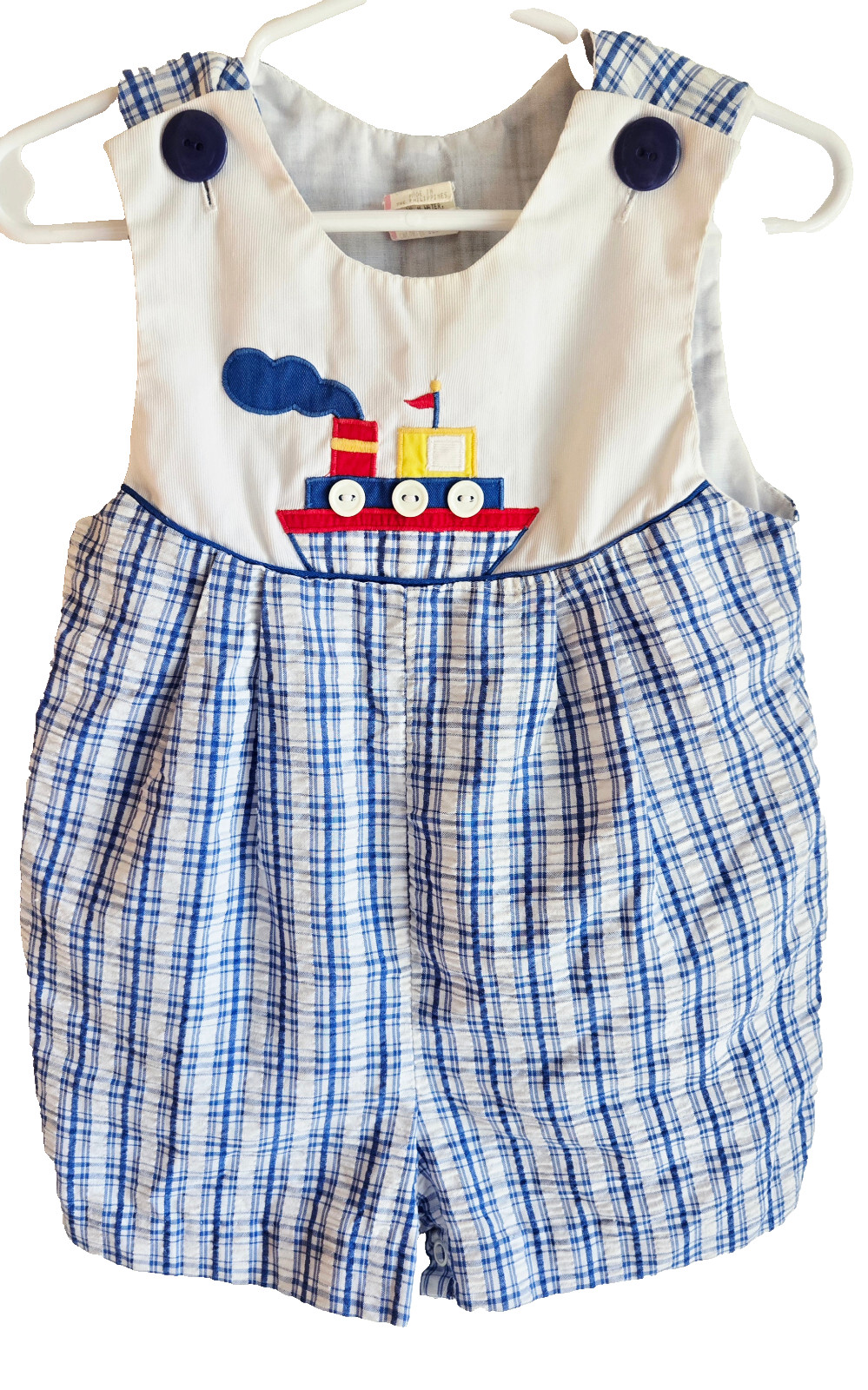 Vintage Toddler SIZE 24 Months Summer Romper Sailboat Blue & White Plaid, EUC