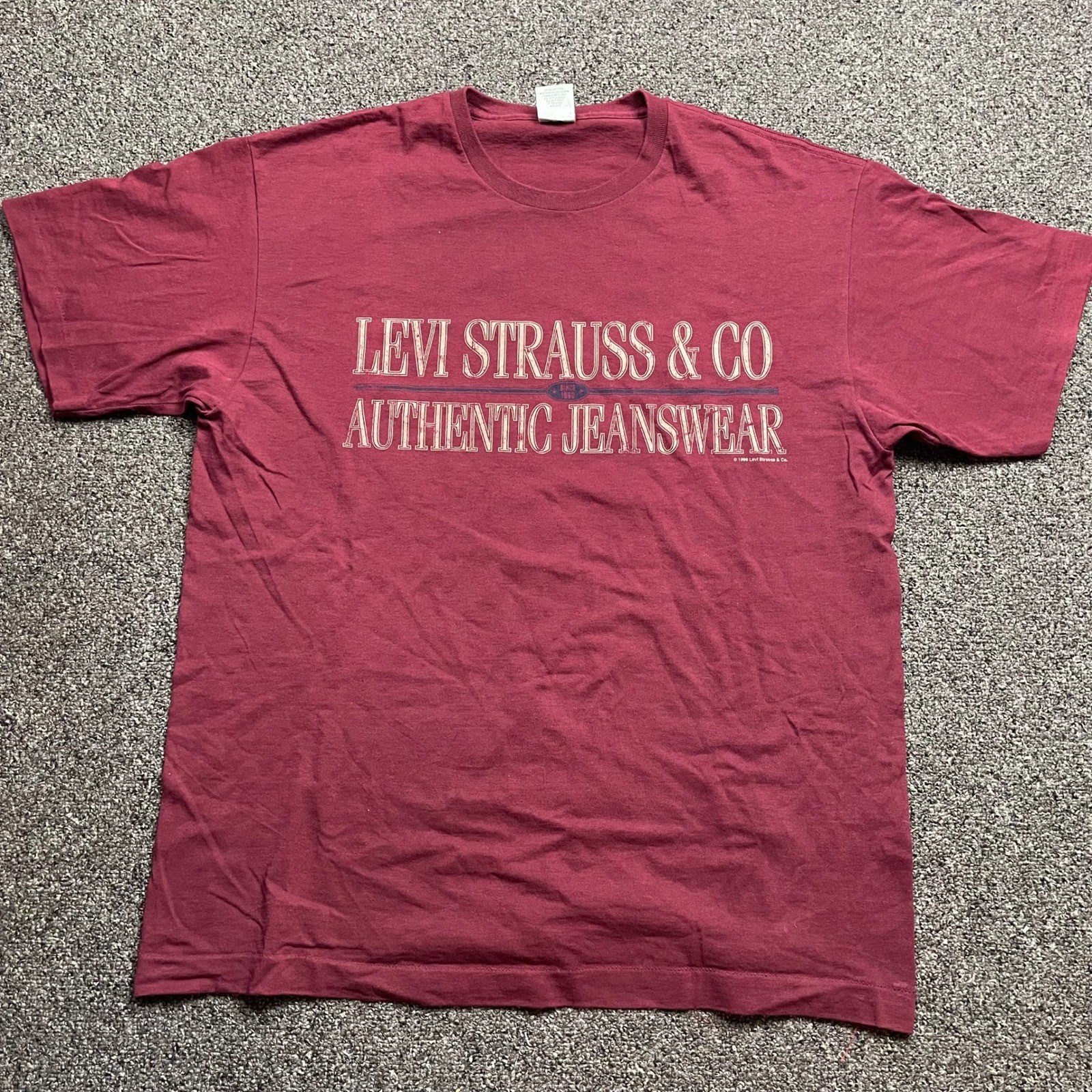Vintage 1996 Levis Authentic Jeanswear T Shirt Maroon Single Stitch Made n USA L