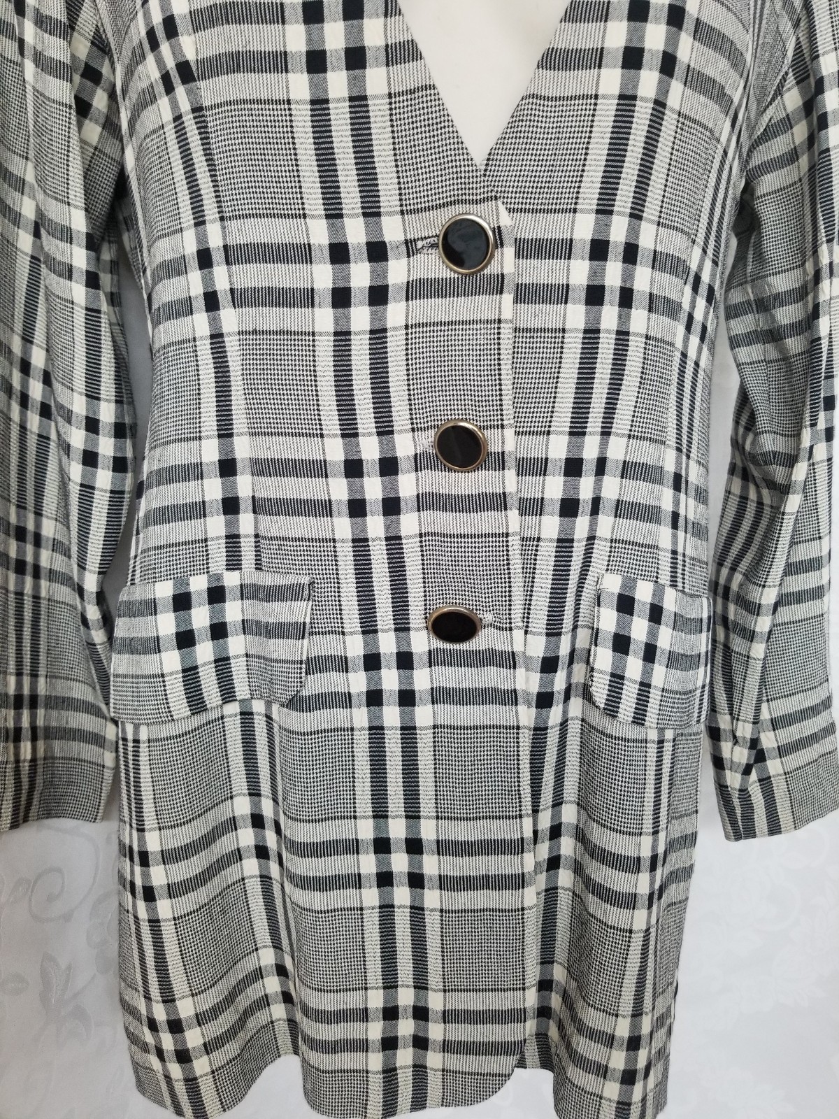 Vintage Dawn Joy Taupe/Black Plaid Mini Padded Shoulders Jacket Dress 9/10