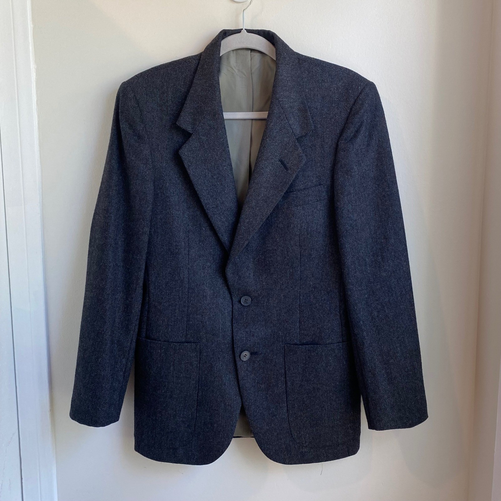 Man In Wool Blazer Mens Grey Herringbone Tweed 34S Union Made Vintage Academic