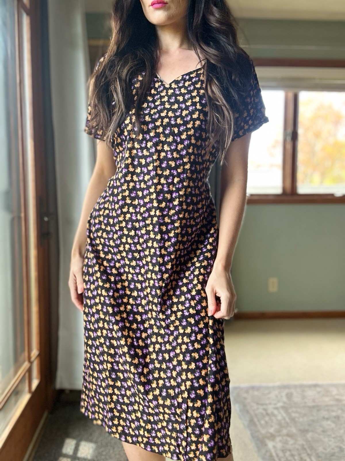 Vintage 90s Dress Rayon Floral Tie Back Calico Print Retro