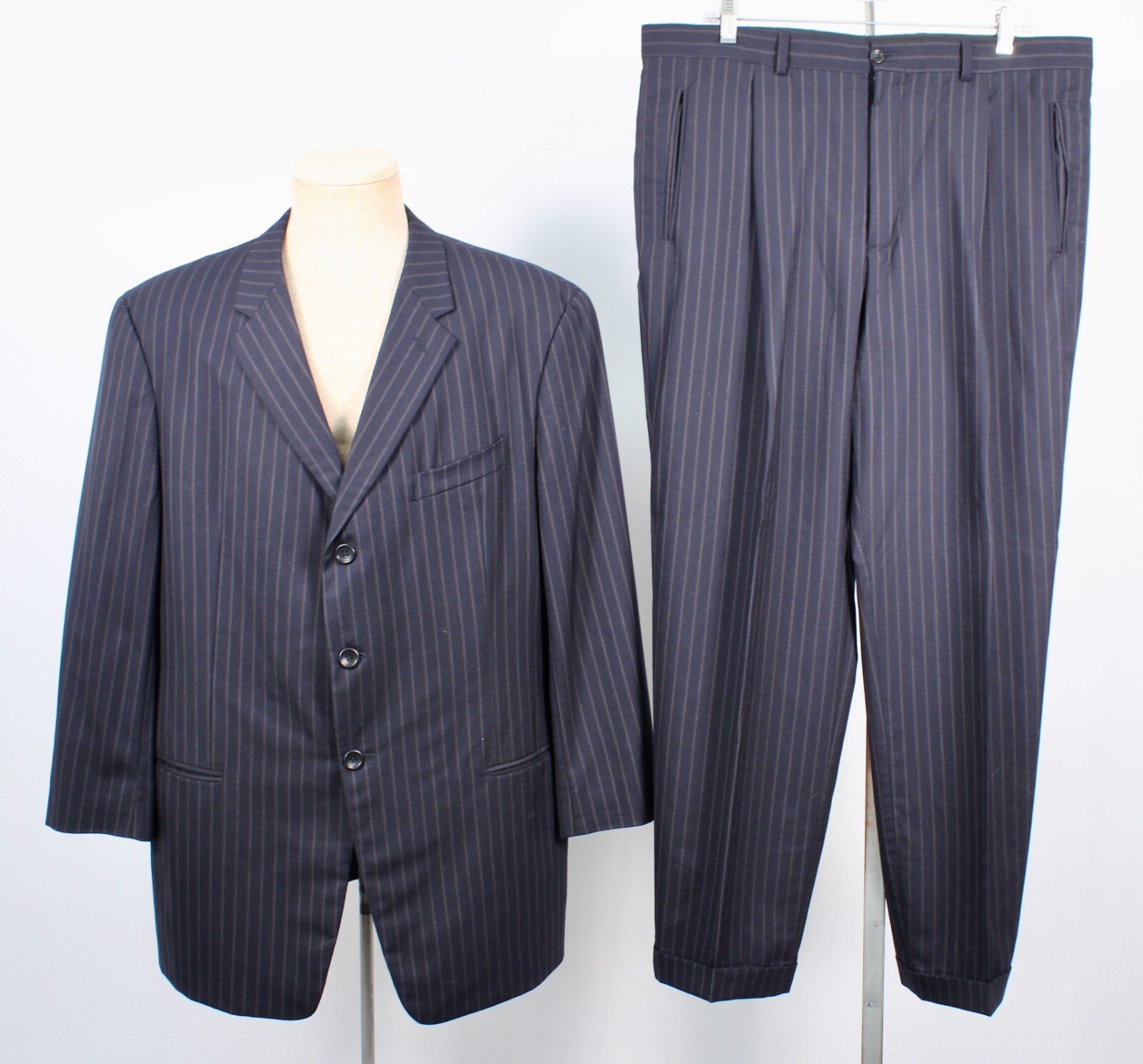 Mens VTG 2 PC Navy Blue Pinstripe Armani Collezione Suit 44R Lana Super 150’s