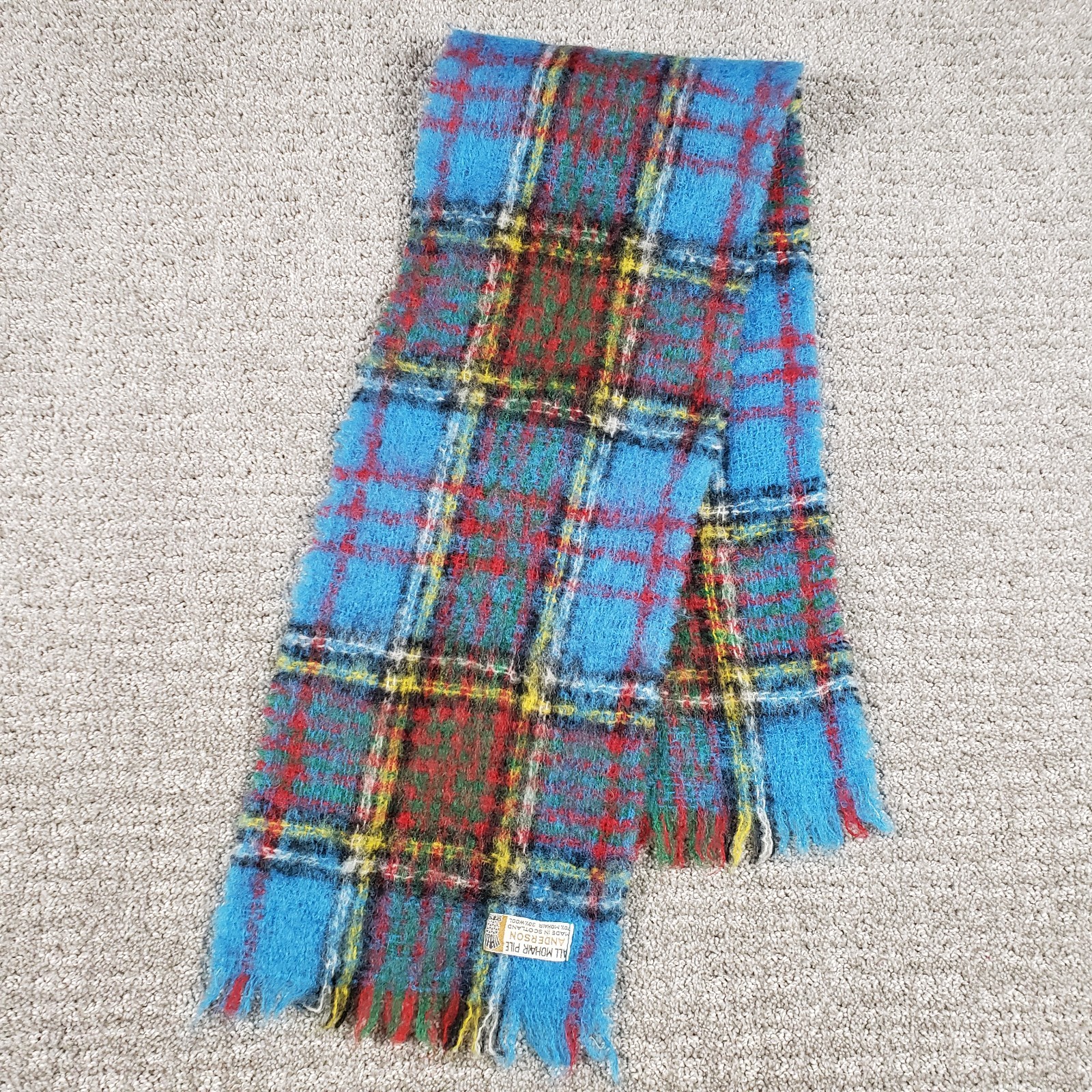Vintage Kinloch Anderson Tartan All Mohair Scarf Blue Made In Scotland 9”x46”