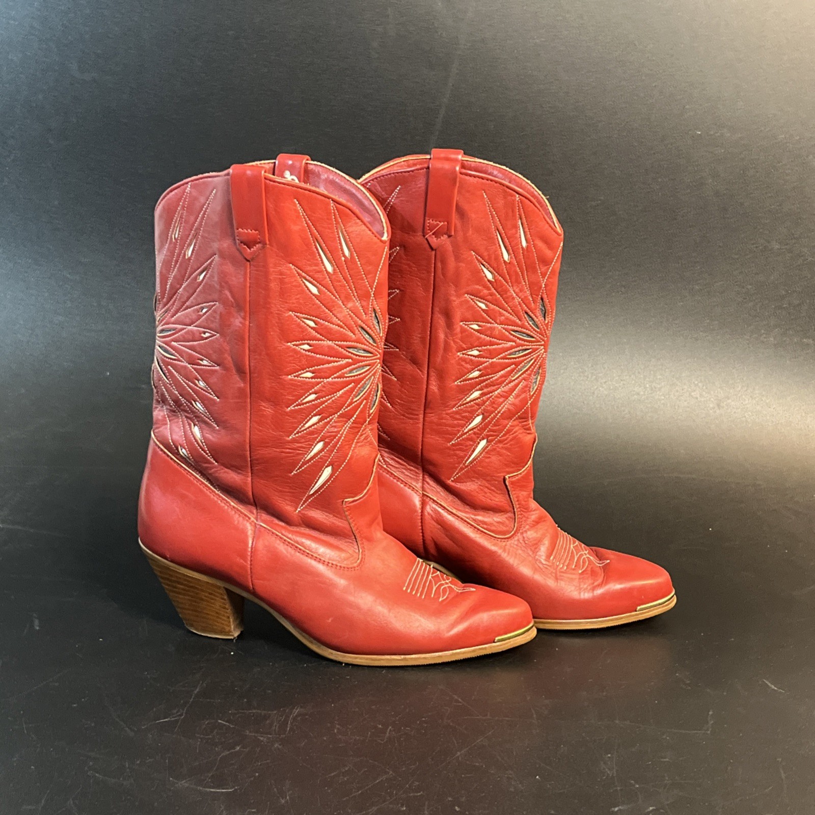 Vtg Leather Cowgirl Boots Dingo 8.5 Red Starburst Stitch Heels Western Country