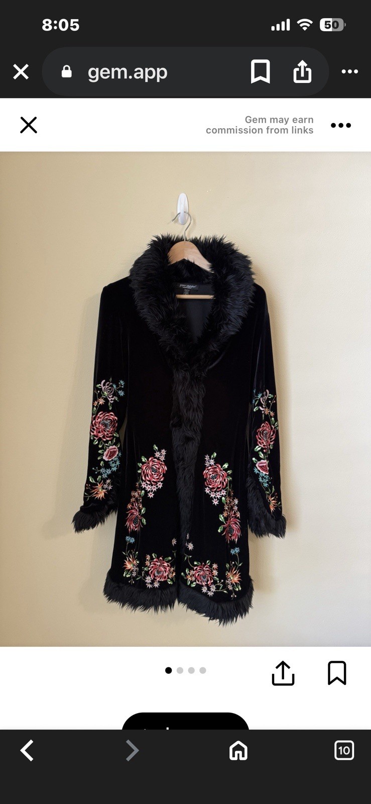 Rare Besty Johnson Black Faux Fur Trim Floral Embroidered Vintage Coat