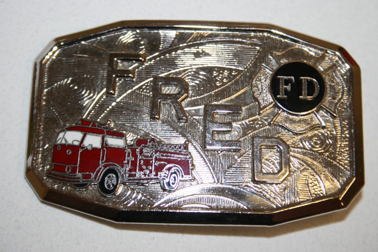 Vintage Mid Century Fire Fighter Engine Uniform FRED Small Belt Buckle RARE