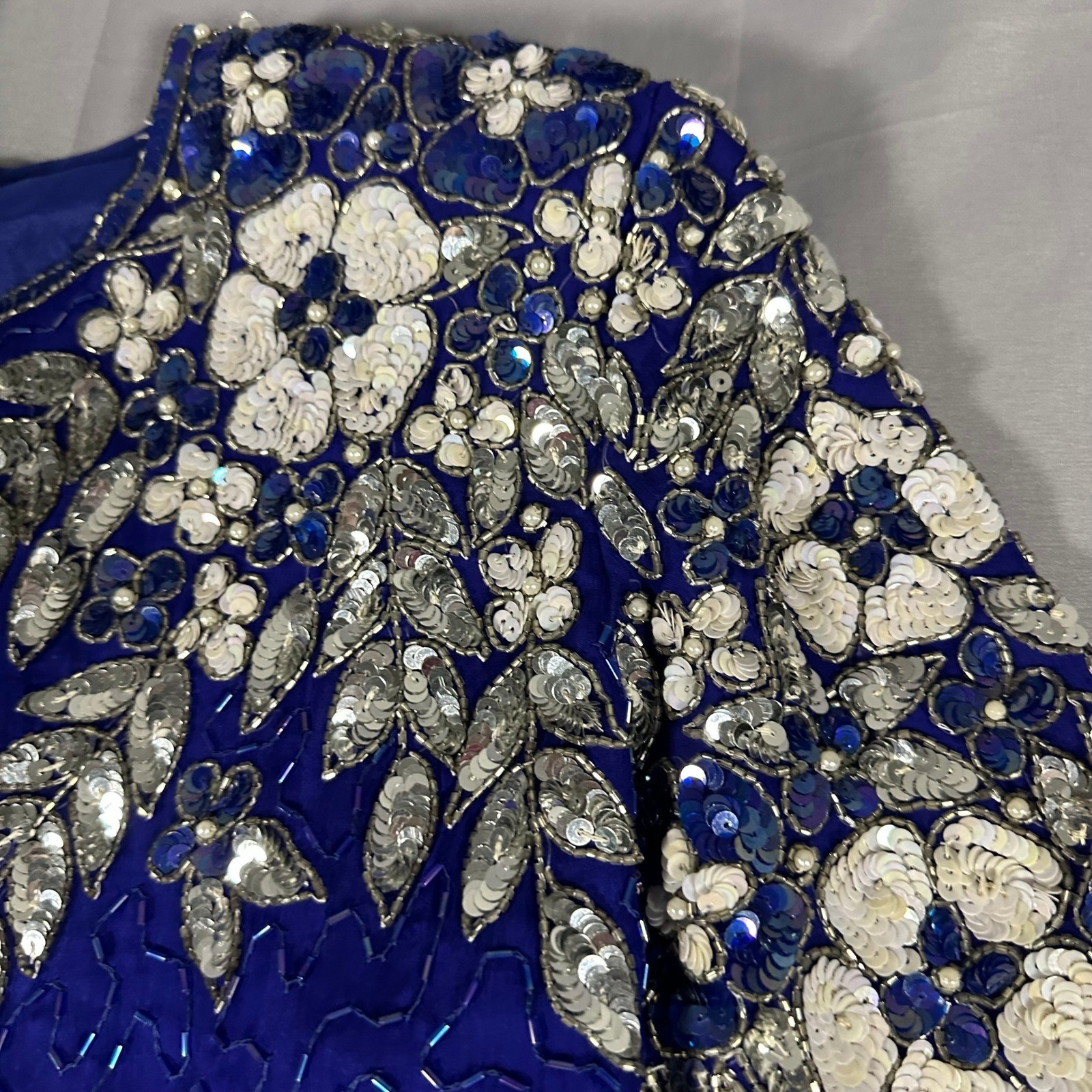 Stenay Beaded Silk Skirt Suit 14 Royal Blue Floral Sequin Vintage Excellent