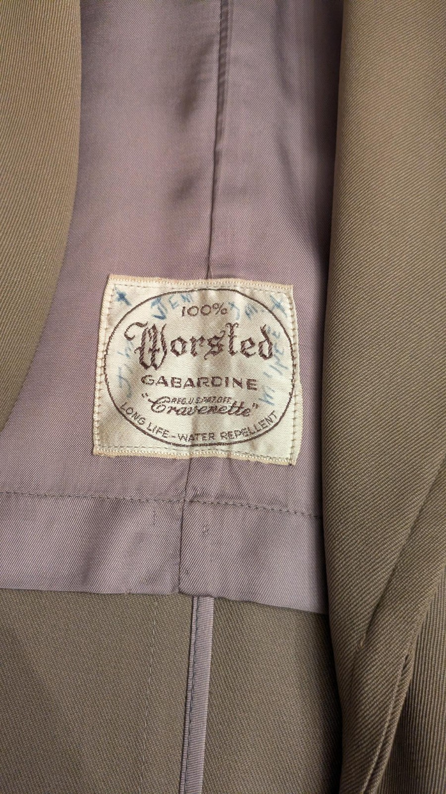 Vintage 1950s Cravenette Worsted Gabardine Raincoat