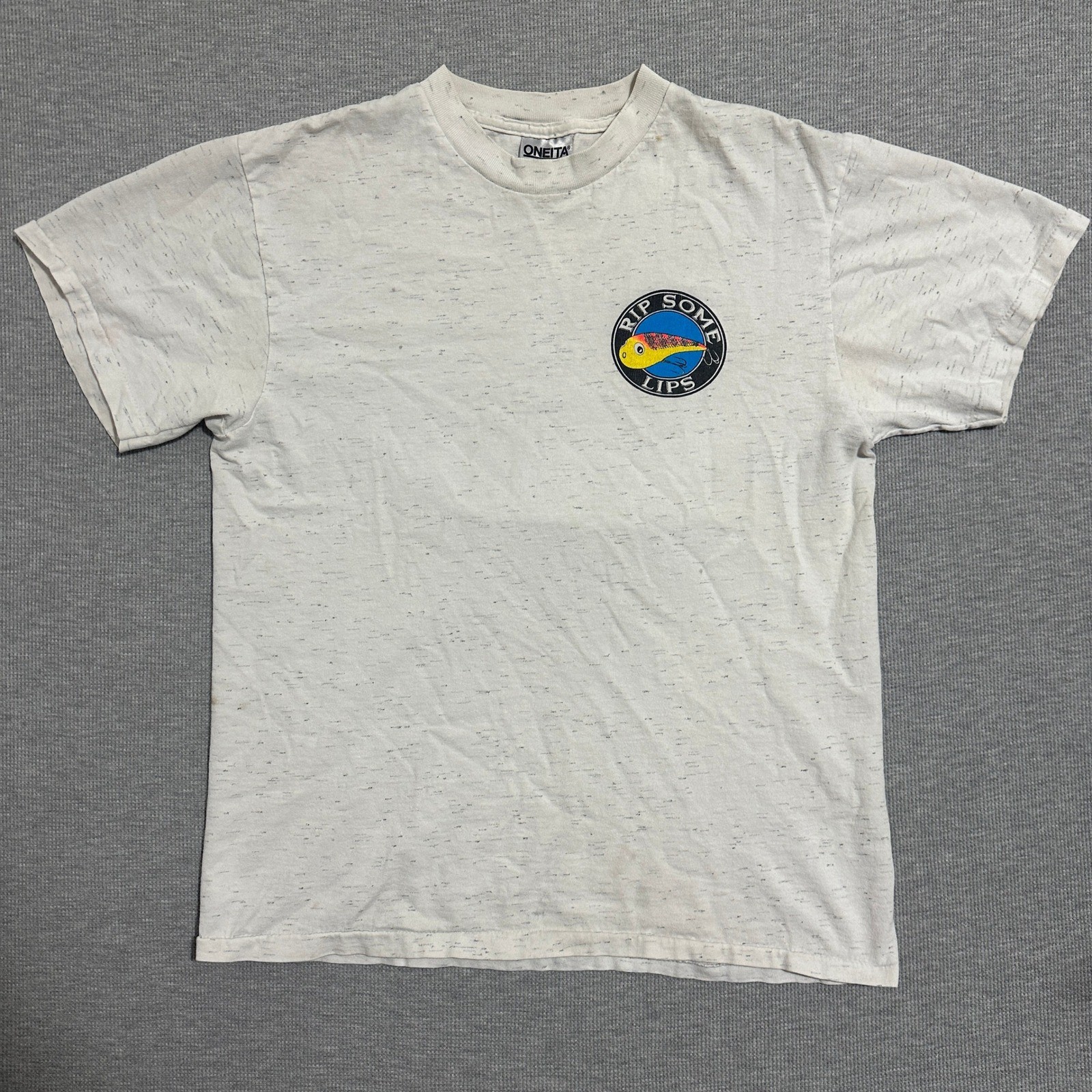 Vintage Oneita Power-T Rip Some Lips Fishing Shirt Mens Medium Oatmeal Speckle