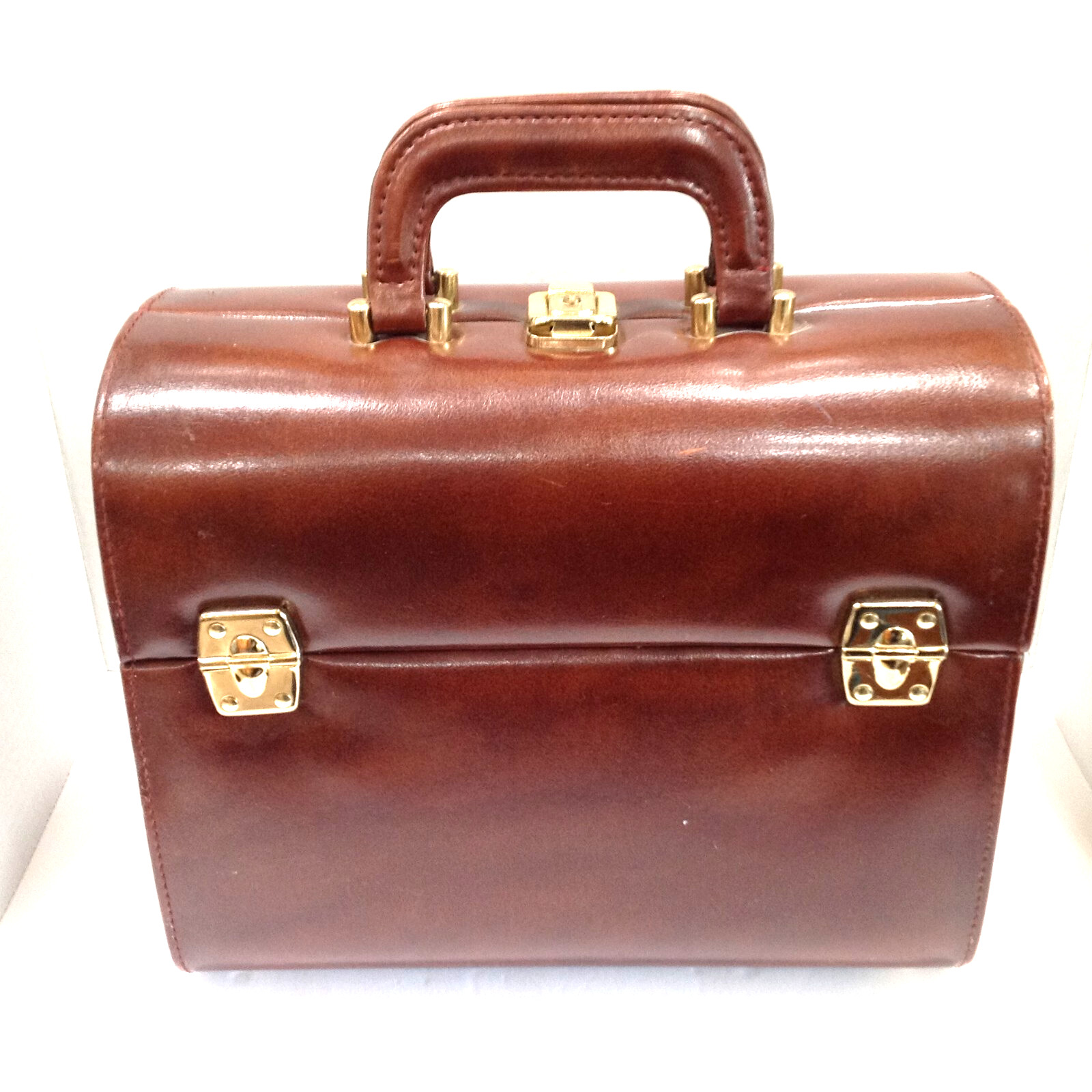 VINTAGE CARRYING CASE FAUX PADDED LEATHER OPENS DOUBLE SIDED HANDLED