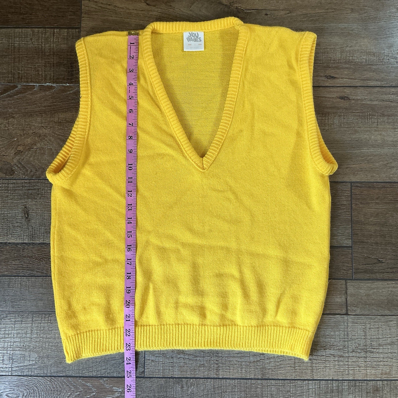 VINTAGE You Babes Sweater Vest Size S Yellow V-Neck 100% Acrylic USA Made #3625