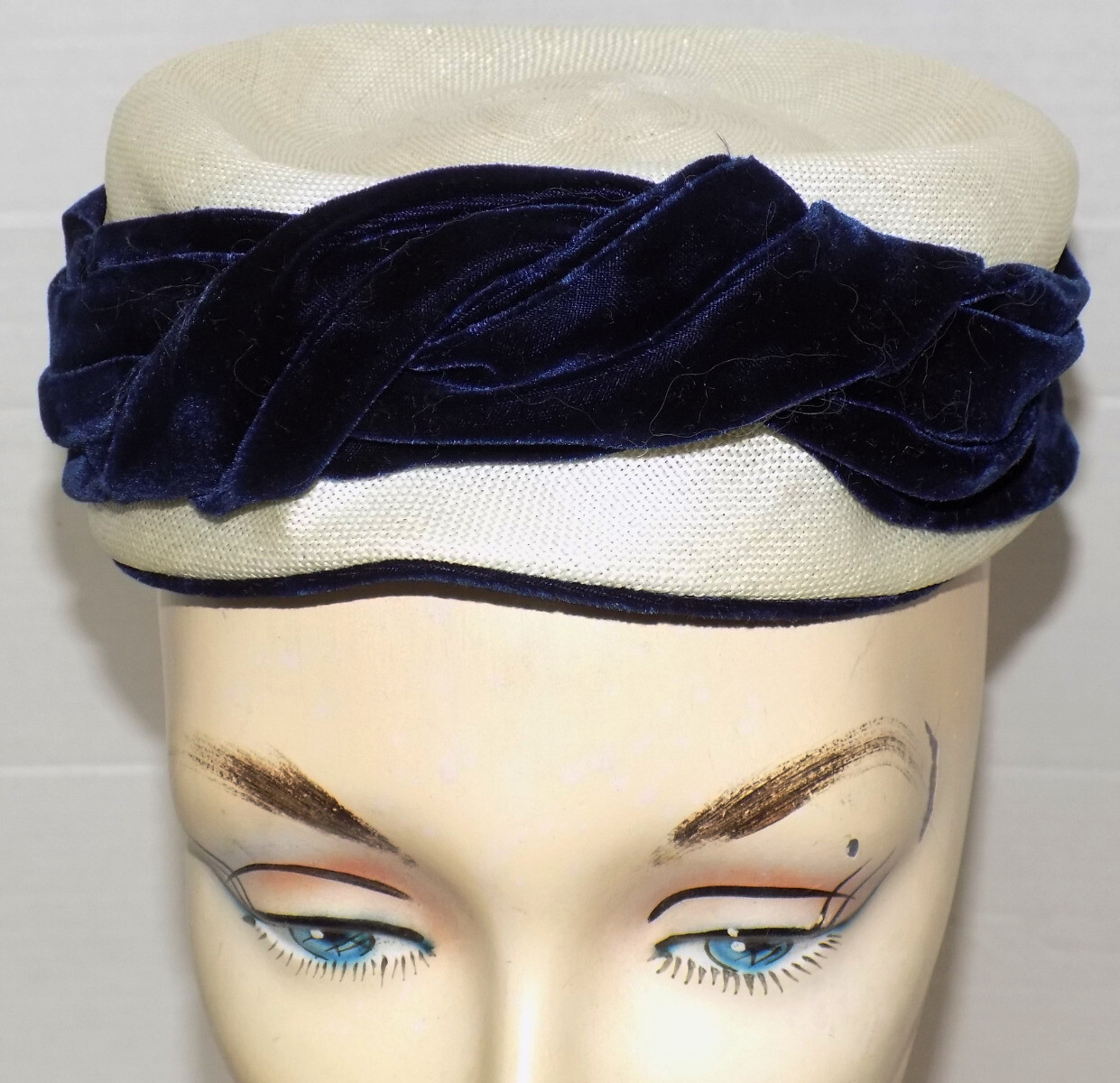 Vintage White Pillbox Hat Folded Midnight Blue Velvet Trim Noreen Fashion