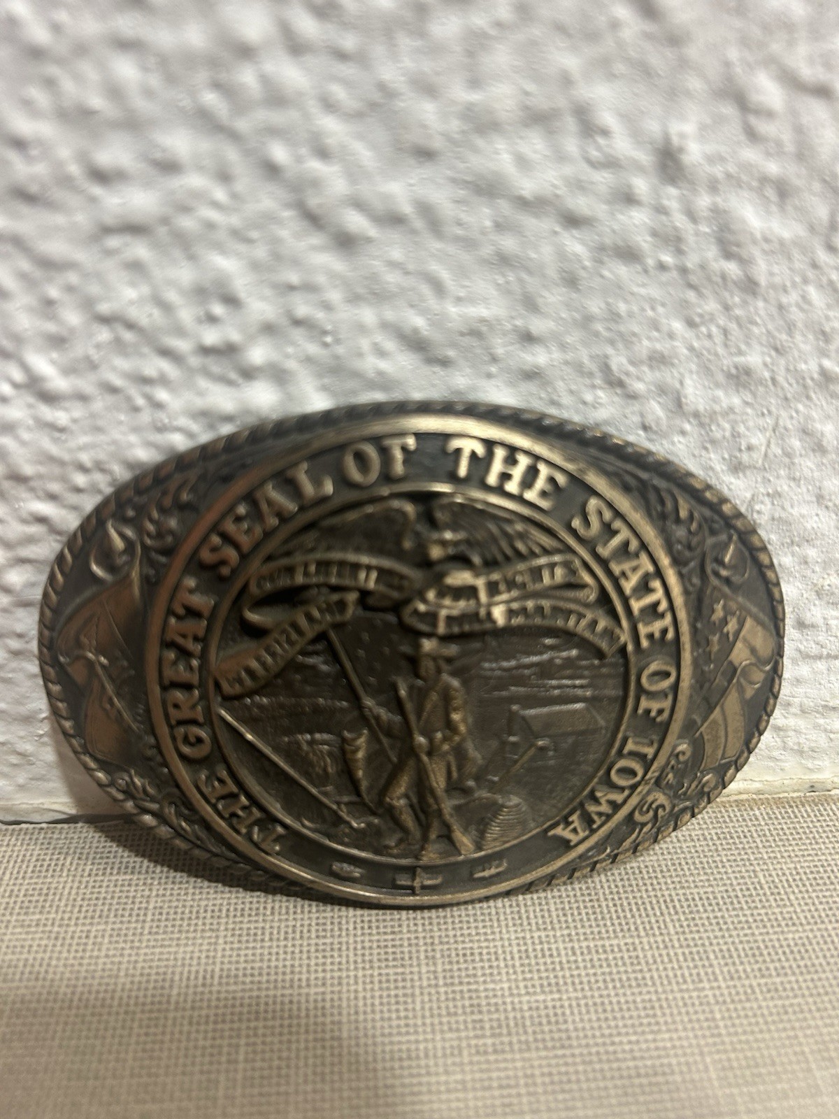 Vintage The Great Seal of The State of Iowa Brass Tony Lama Belt Buckle Free SHP