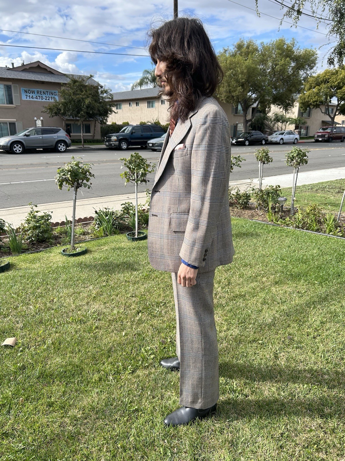 1970s Tweed 3 Piece Suit Bell Bottom Pants Brown Orange Prince of Wales Check