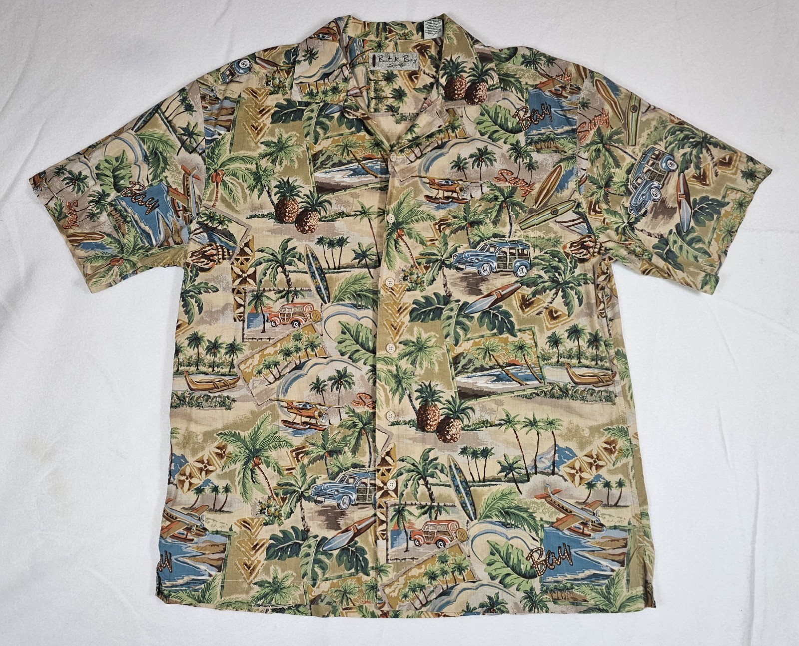 Batik Bay Surf HAWAIIAN LARGE Shirt Used Cotton Brown Surfboard S/S Button-Up