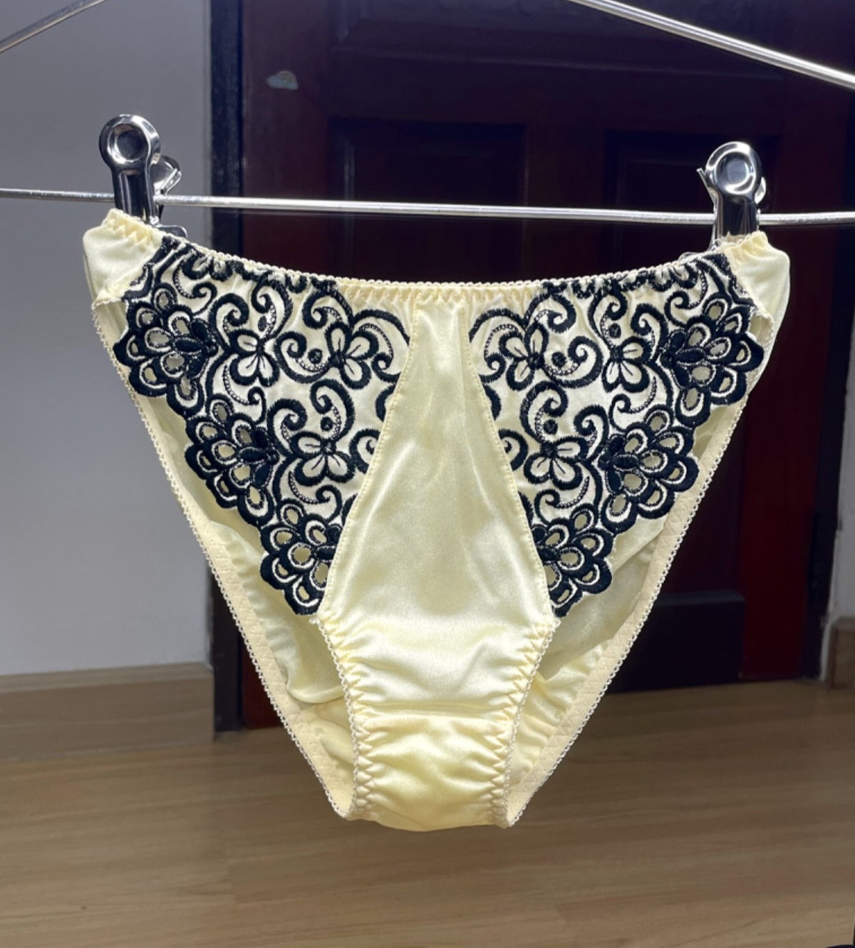 Vintage Light Yellow Nylon Panty Slippery High Leg Briefs Black Lace Bikini Sz.5