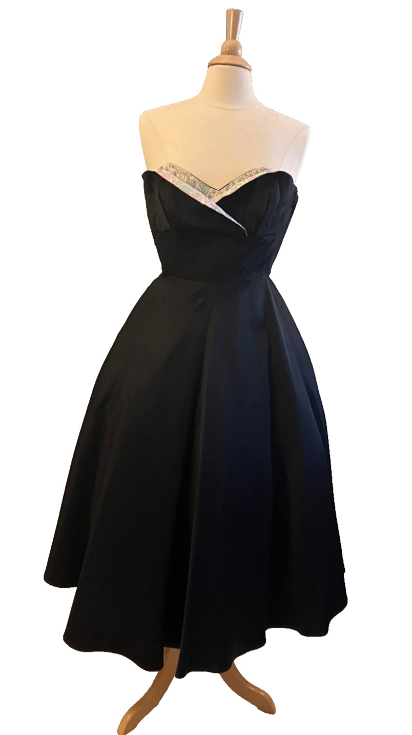 London Town Originale petal-bust Strapless black Swing dress, silver brocade S