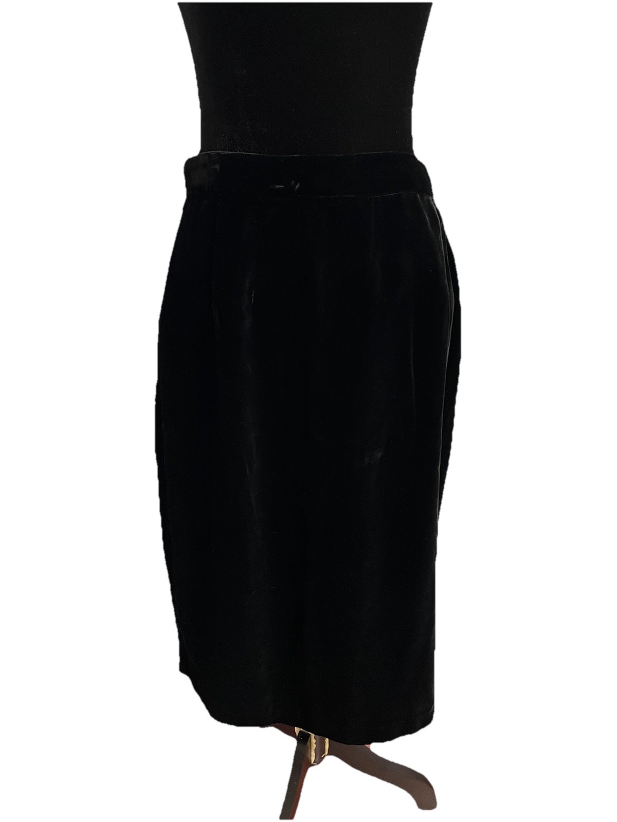 Vintage Black velvet midi skirt zip and button closure. 30 Inch Waist.