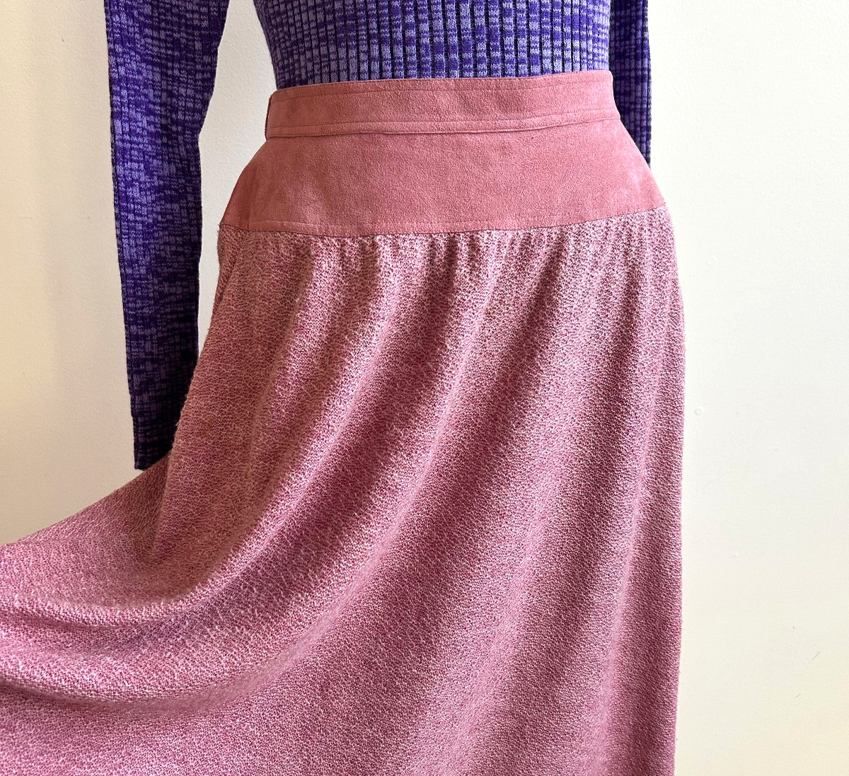 Vintage 1970s Shannon Rogers Skirt 28″ Waist sz 6 8 Mauve Pink Wool Sweater Knit